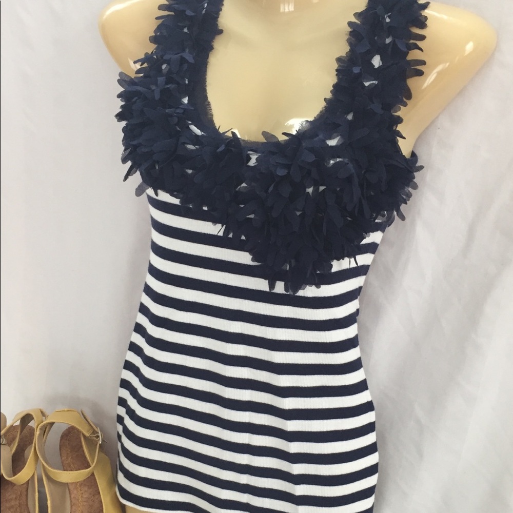 ⭐️INC Navy & White Striped Tank Floral Trim CUTE!!